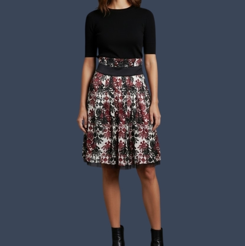 Vtg WORTHINGTON 1990s Floral Pleated Satin A-line Above the Knee Skirt